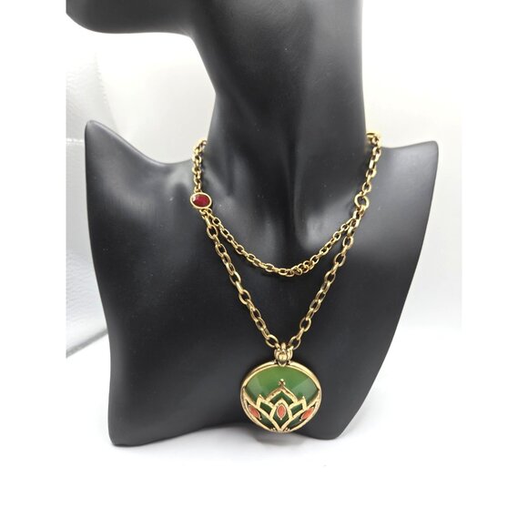 Lucky Brand Boho Pendant Necklace Enamel Art Deco Style Green Coral 19" Chain - Picture 6 of 6